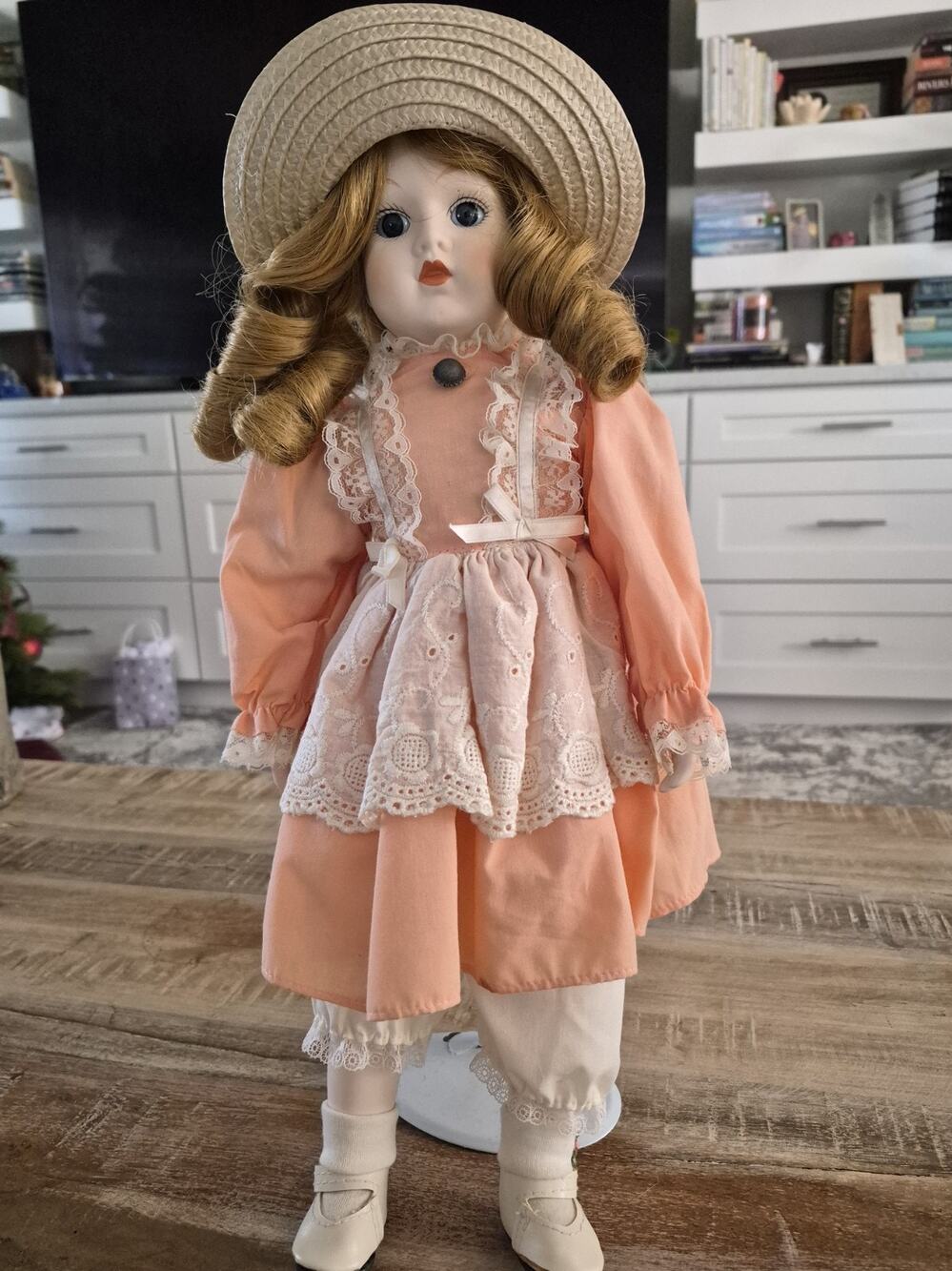 Vintage Porcelain Face/Hands Doll/Metal Support Stand 16 Tall Blonde Hair